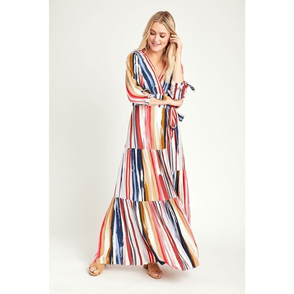 NWT Skies Are Blue Women's Small Paintbrush Striped Tiered Wrap Maxi Dress - Picture 1 of 11